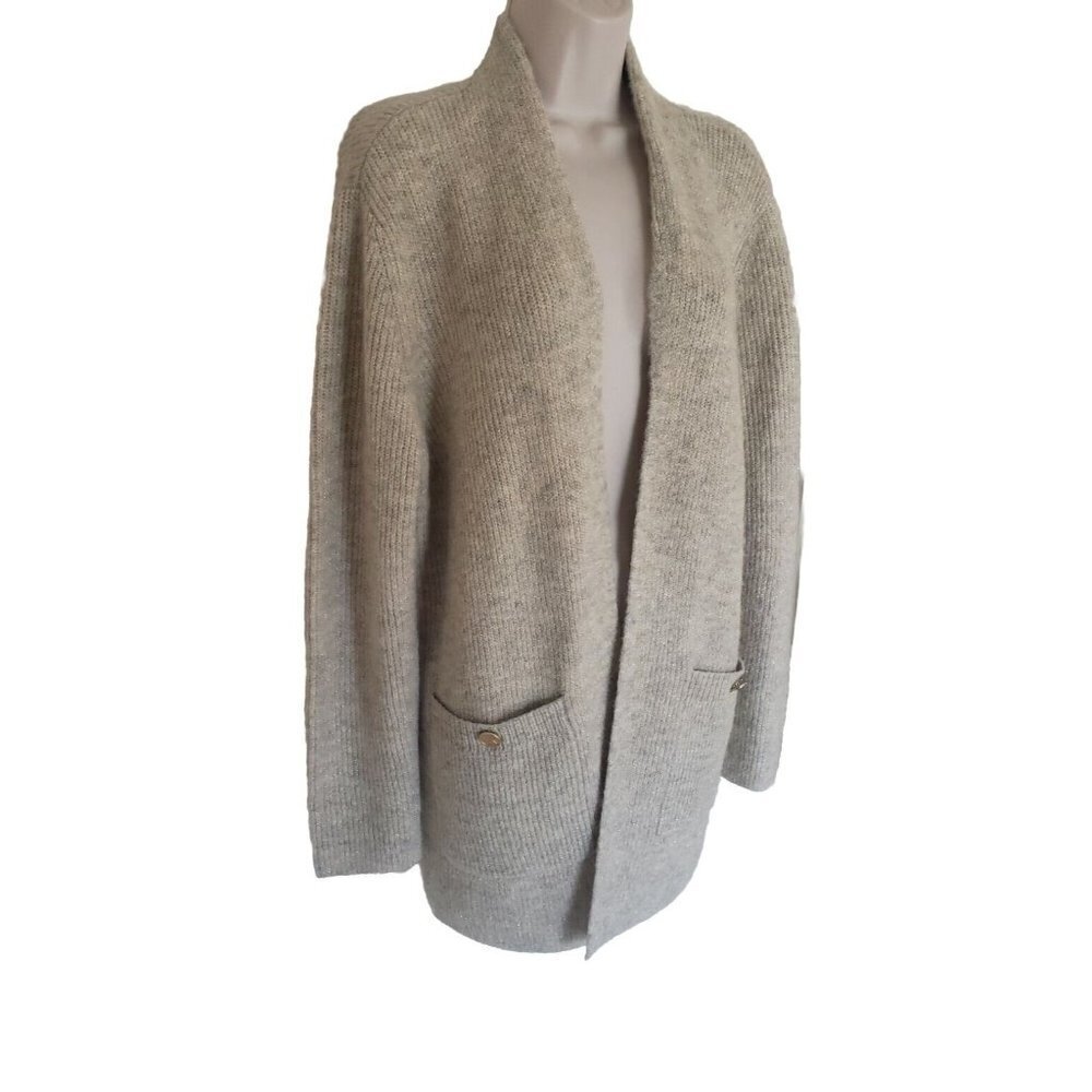 NWT $ 135 MICHAEL KORS OATMEAL HEATHER METALLIC  OPEN FRONT CARDIGAN  SZ L - Picture 2 of 7